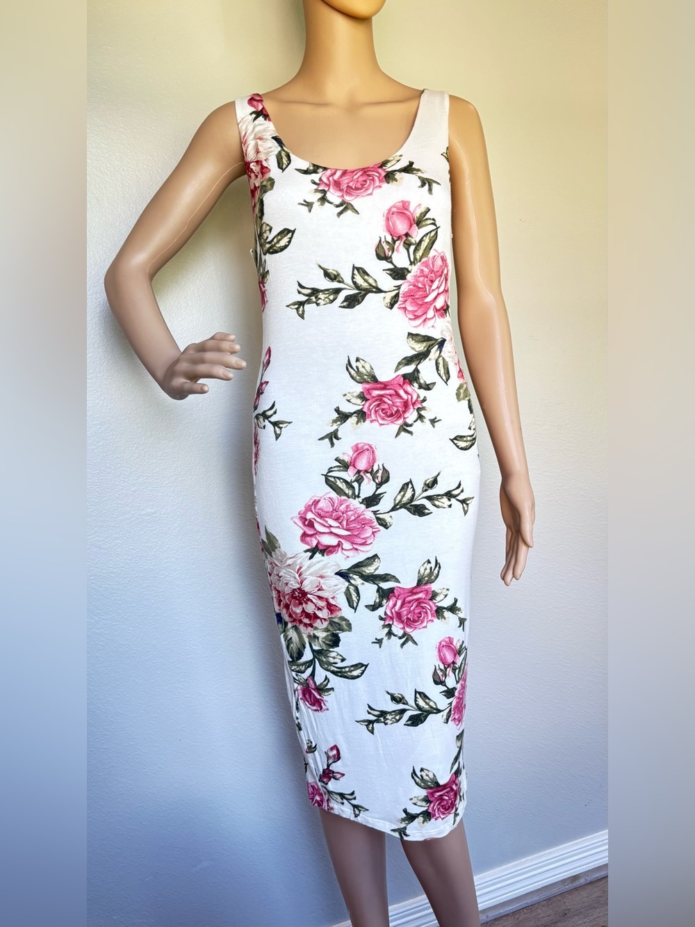 Popular Basics White Midi Dress with Pink Rose Print and back zipper Medium - Picture 9 of 14